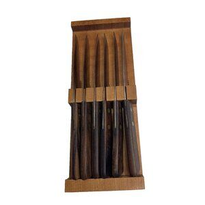 Vtg 6 Hanford Forge Steak Serrated Knives 8” Wood Handle W/ Case Stainless Japan